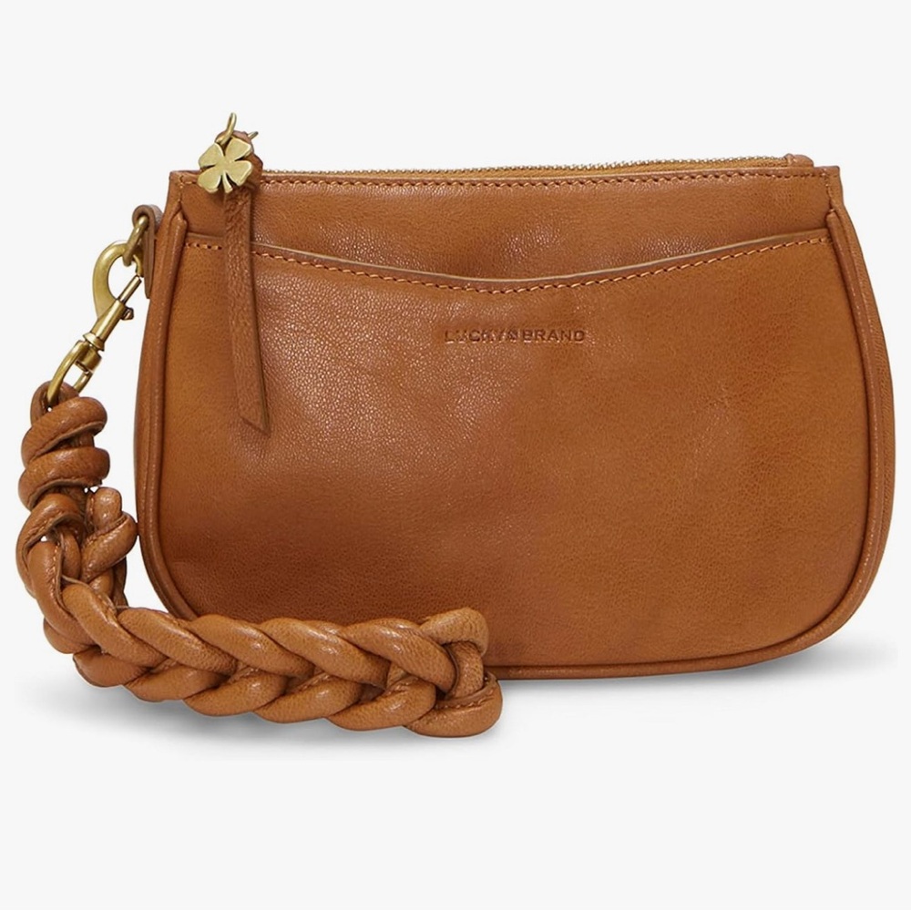 LUCKY BRAND Leather Lola Wristlet Clutch Purse Brown Braided Strap NWT